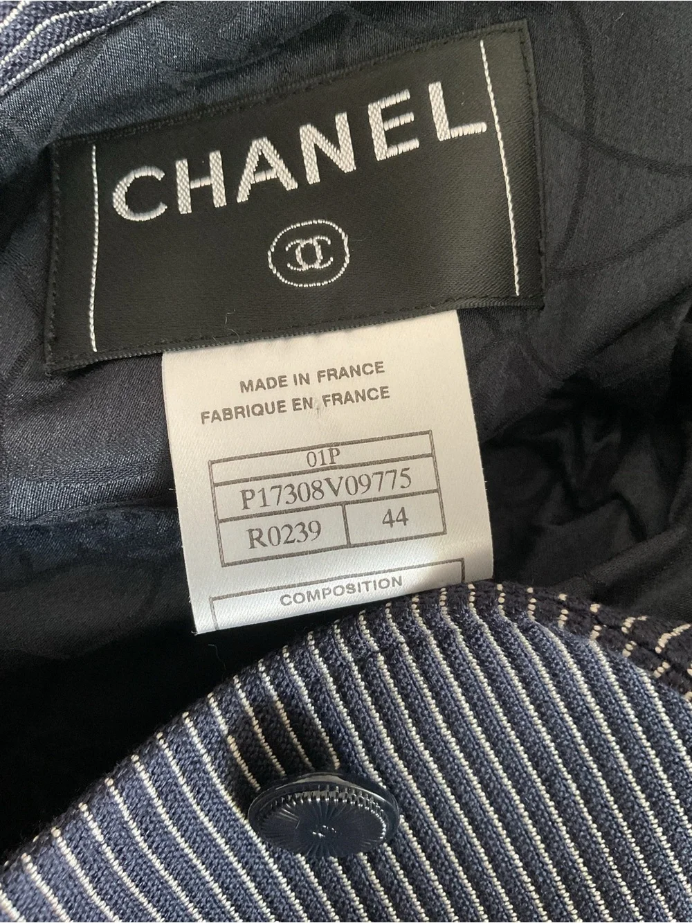 CHANEL Navy and White Pinstripe Tailored Blazer Jacket